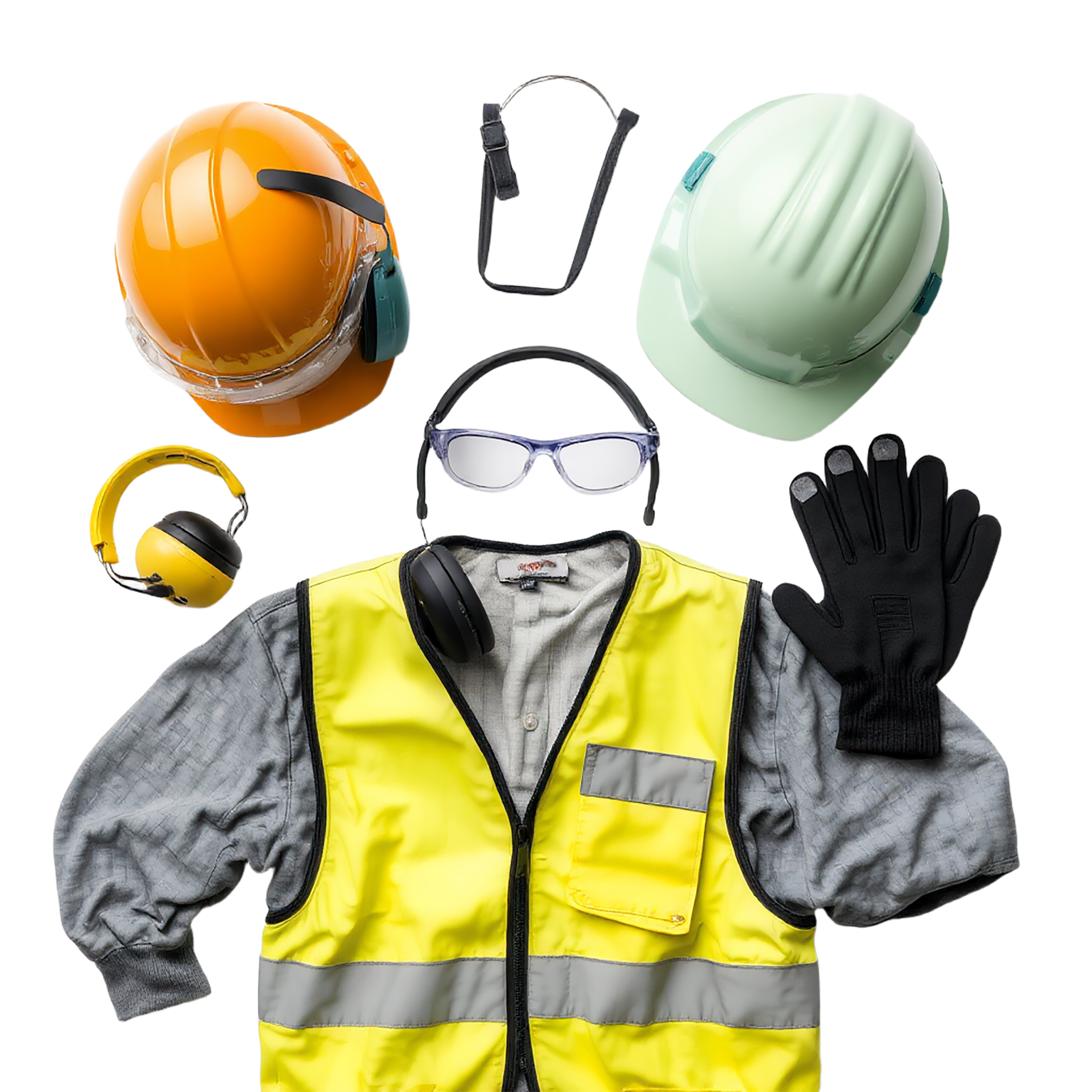 Personal protective equipment including helmets, safety glasses, ear protection, gloves and a high-visibility vest